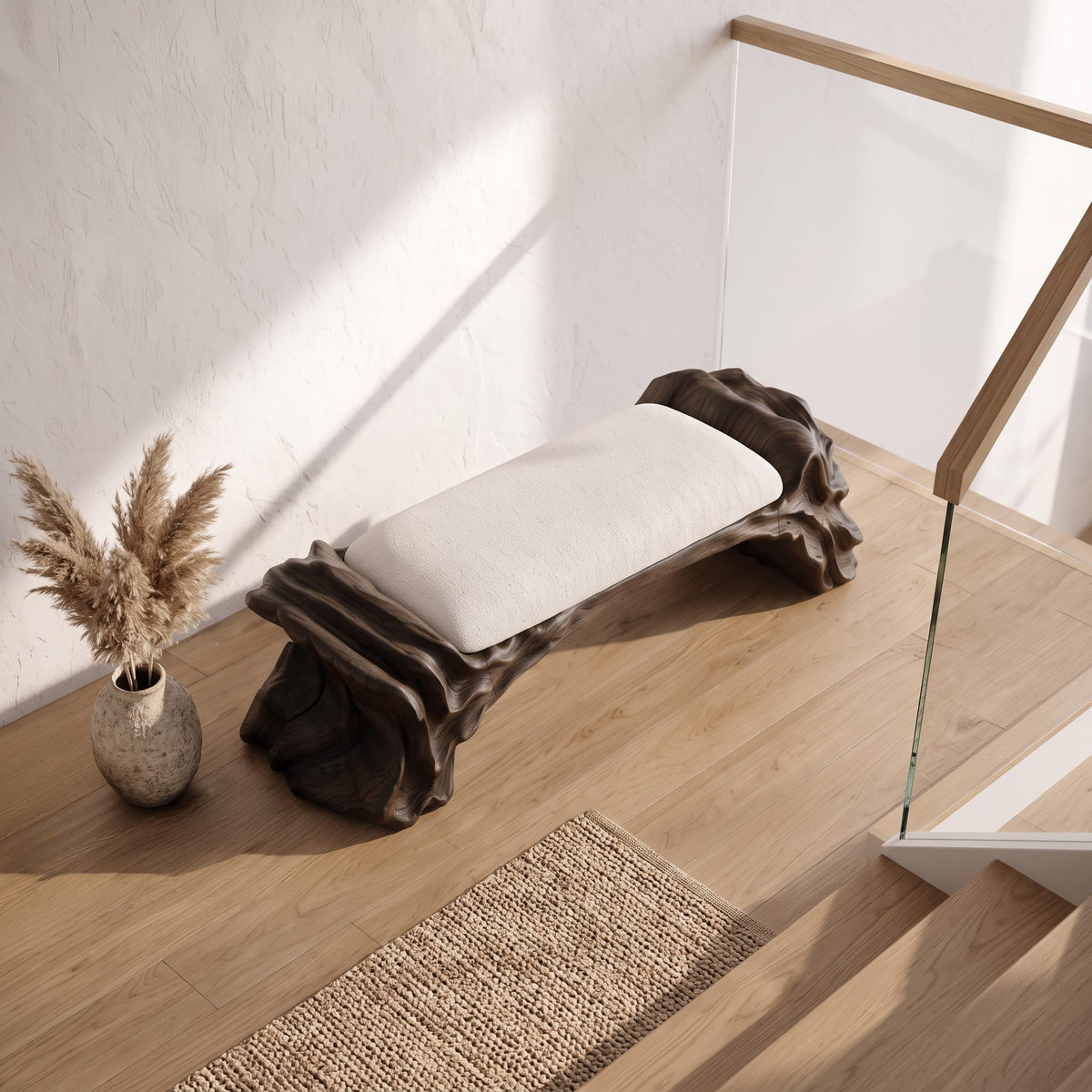 Contemporary Bench with Oyster Inspired Base, solid wood, built to order