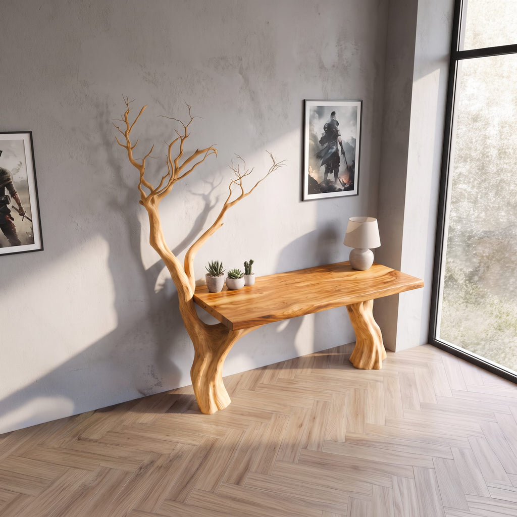 Rustic Computer Desk with Branch Inspired Base, solid wood, built to order