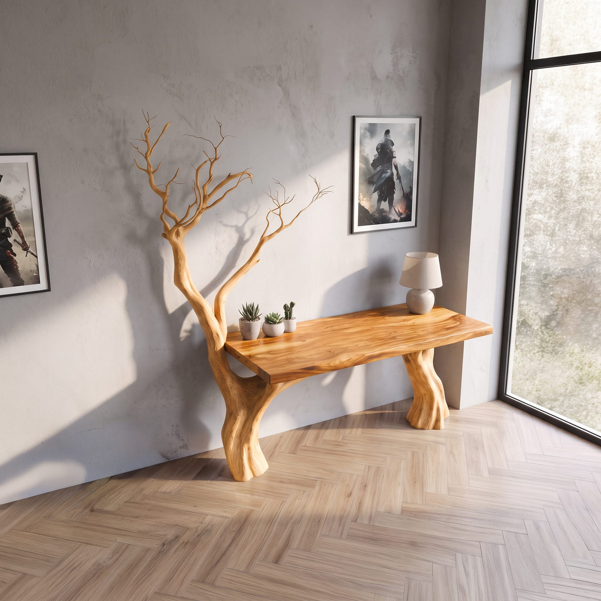 Rustic Computer Desk with Branch Inspired Base, solid wood, built to order