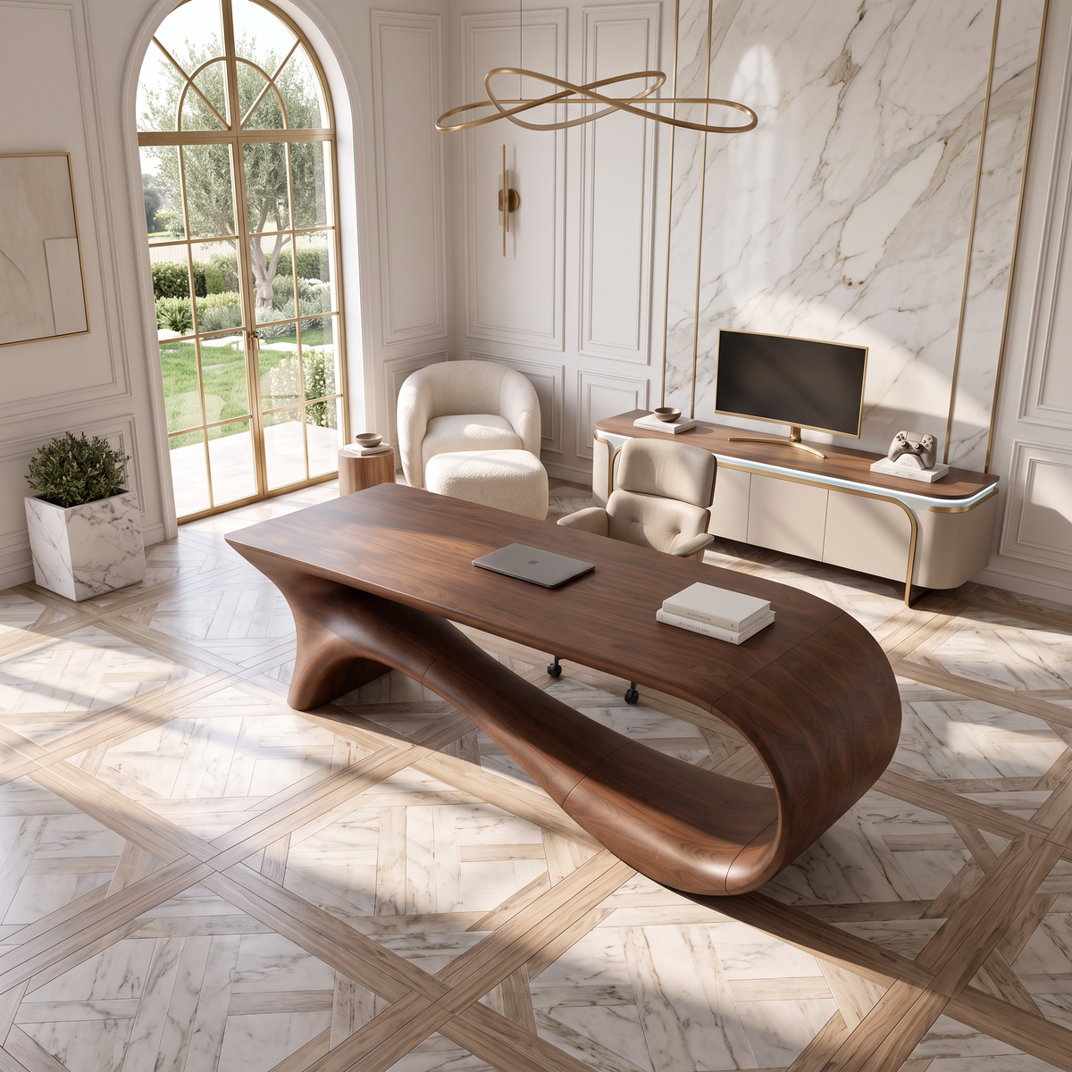 Contemporary Office Desk with Asymmetrical Curved Legs, solid wood, built to order, view 2