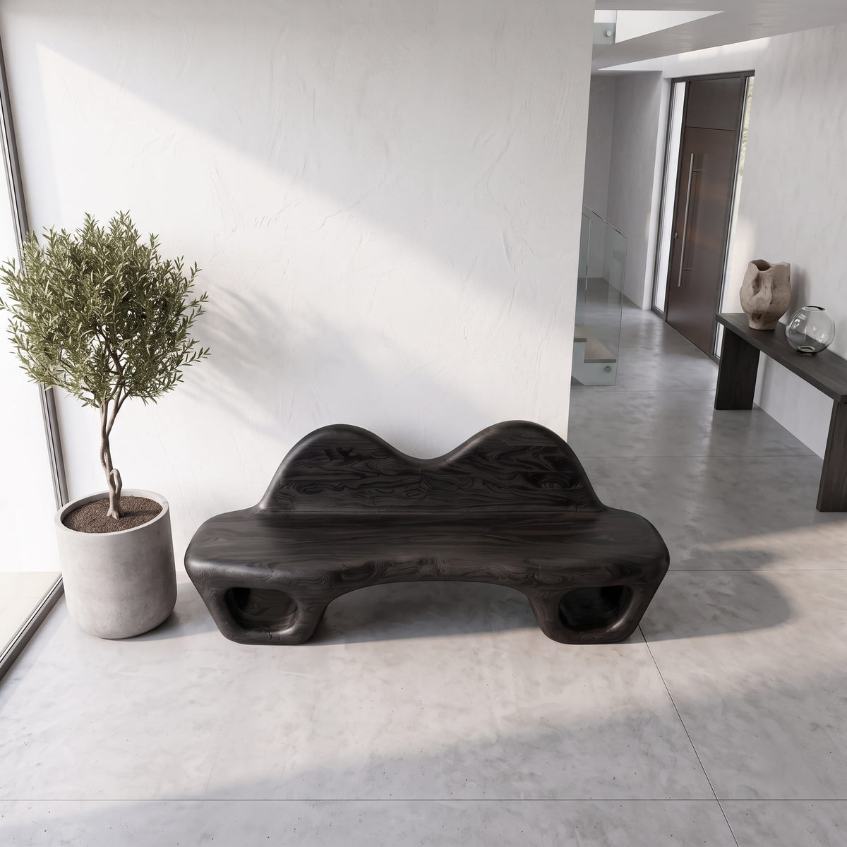 Accent Bench with Dramatic Rounded Silhouette, solid wood, built to order