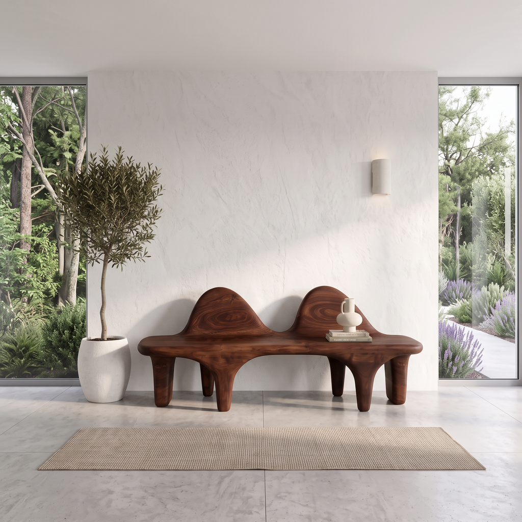 Organic Wooden Bench with Flowing Back Design, solid wood, built to order, view 8