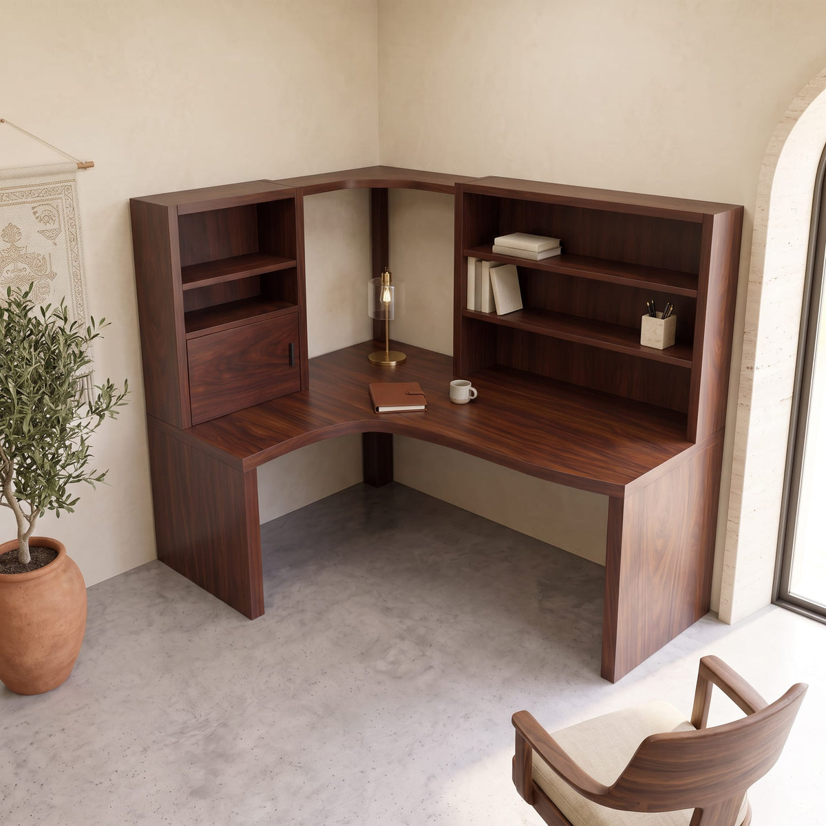 Contemporary Corner Desk with Built in Bookcase, solid wood, built to order