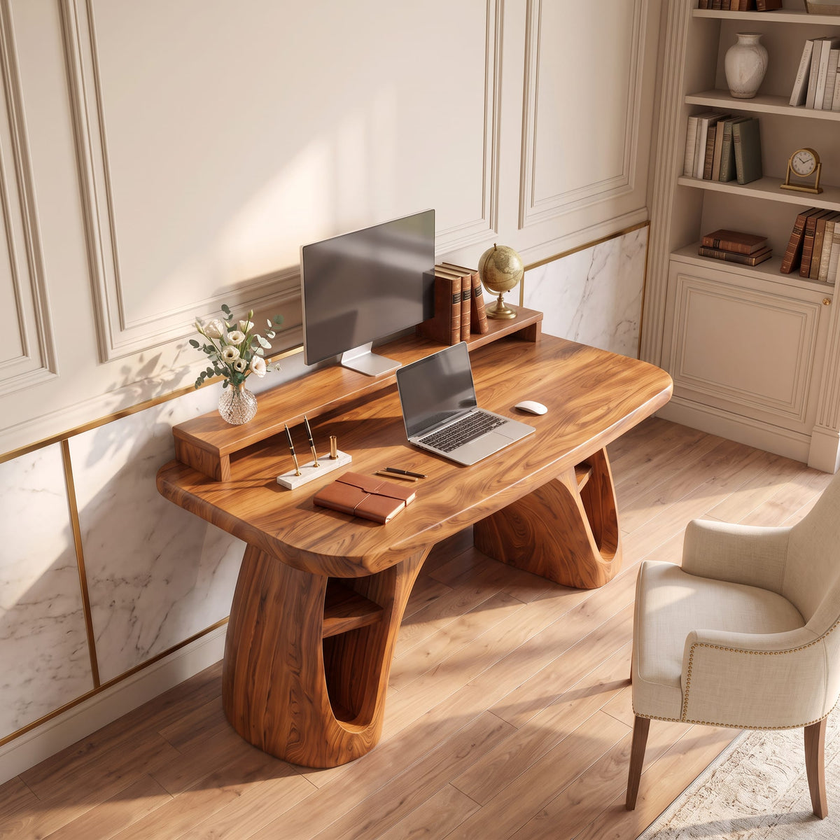 Contemporary Office Desk with Raised Monitor Platform, solid wood, built to order