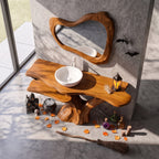 Mid Century Solid Bathroom Vanity with Sculptural Tree Form, solid wood, built to order