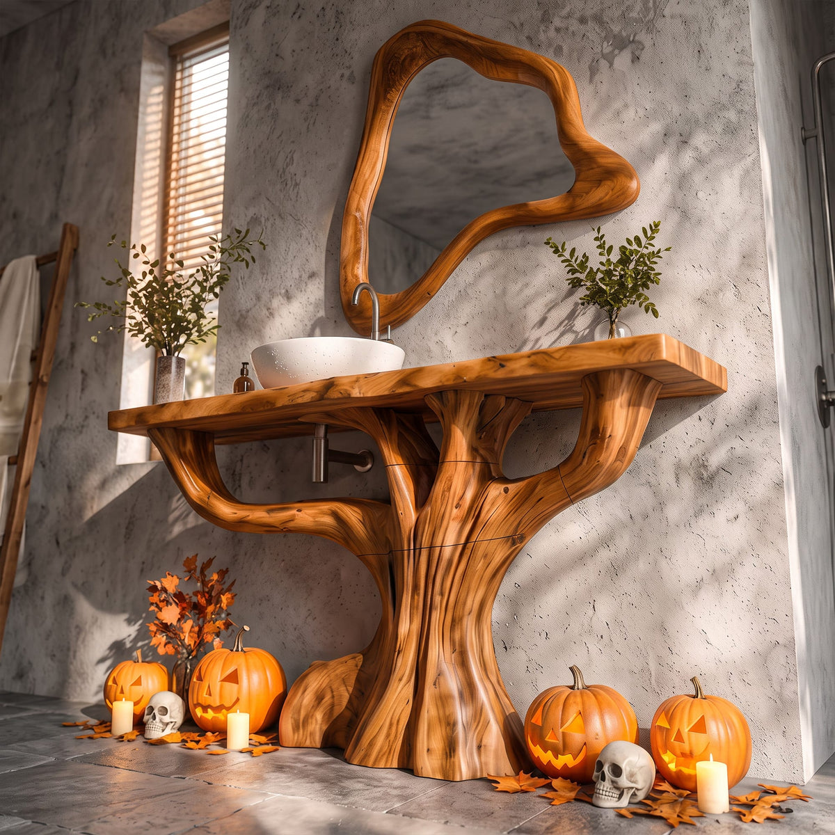 Contemporary Single Bathroom Vanity with Branch Inspired Base, solid wood, built to order
