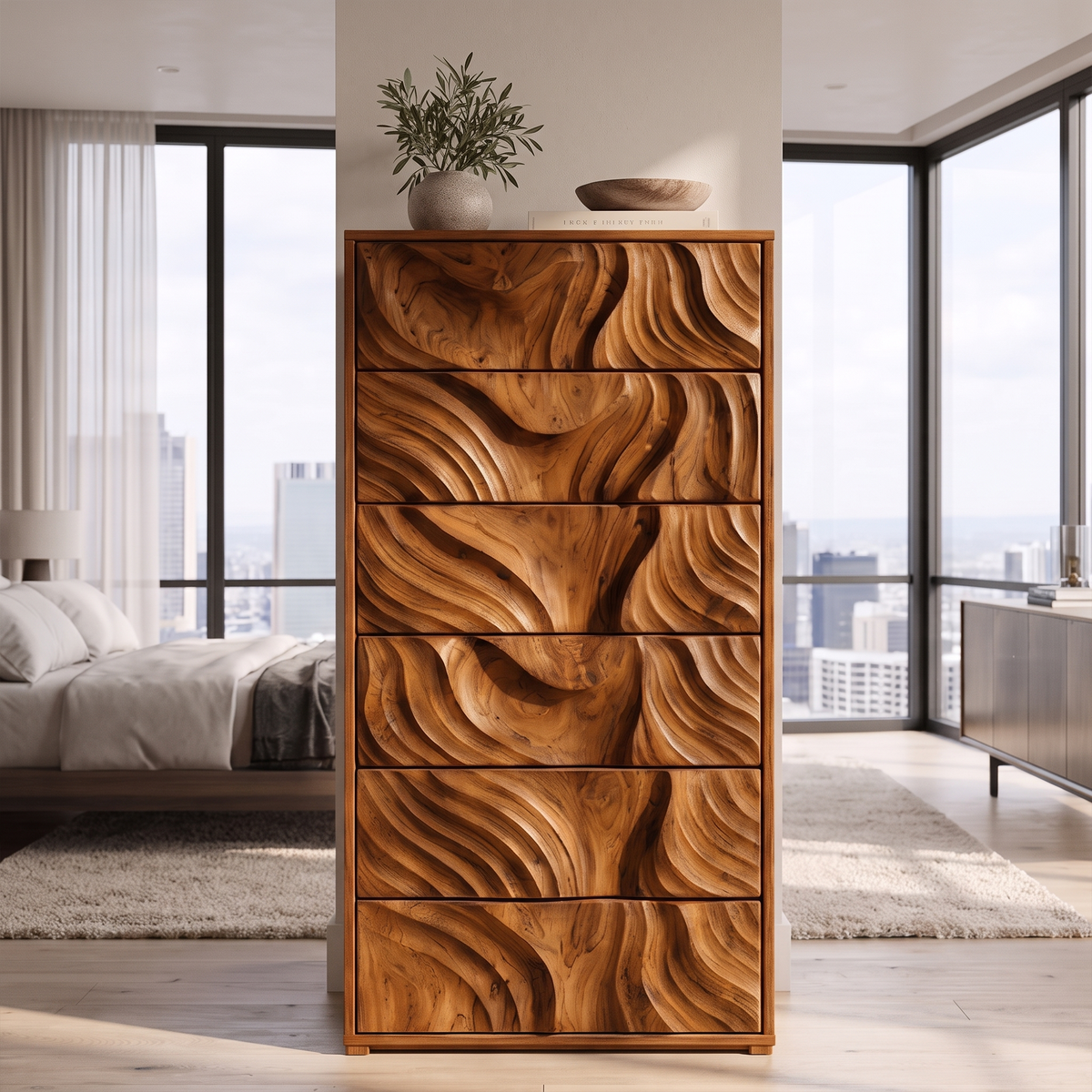 Organic Tall Dresser with Ripple Carved Drawer Fronts, solid wood, built to order, view 3