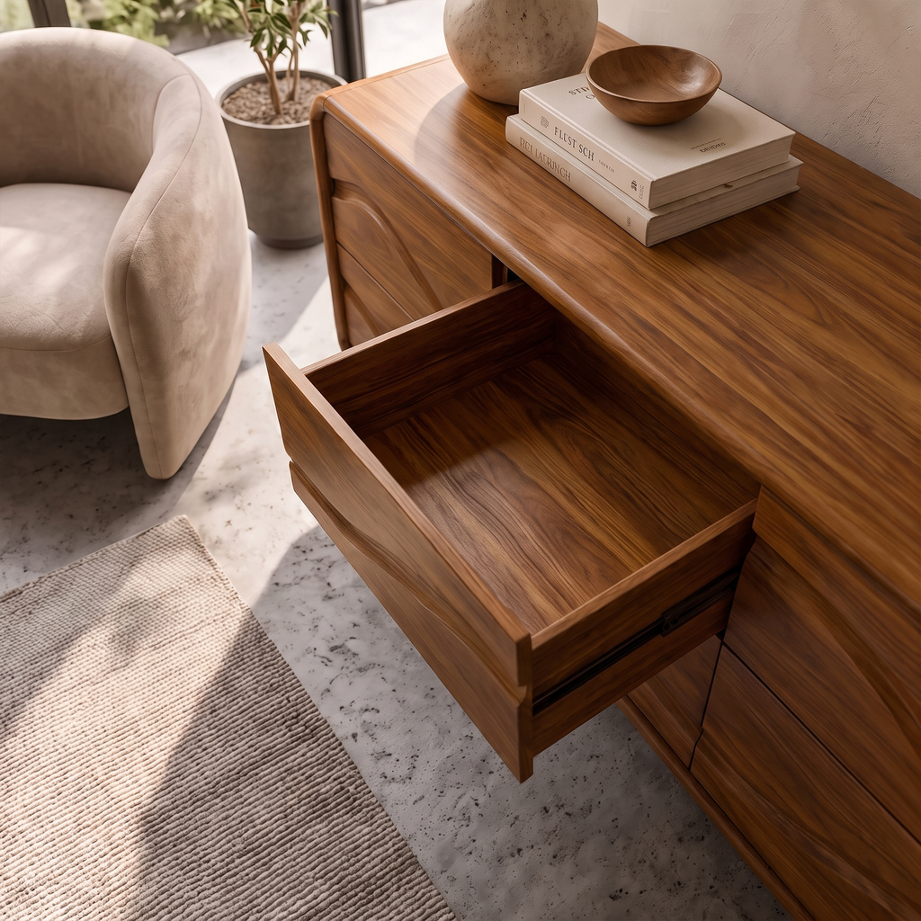 Contemporary Low Dresser with Embossed Grain Front and Curved Corners, solid wood, built to order, view 3