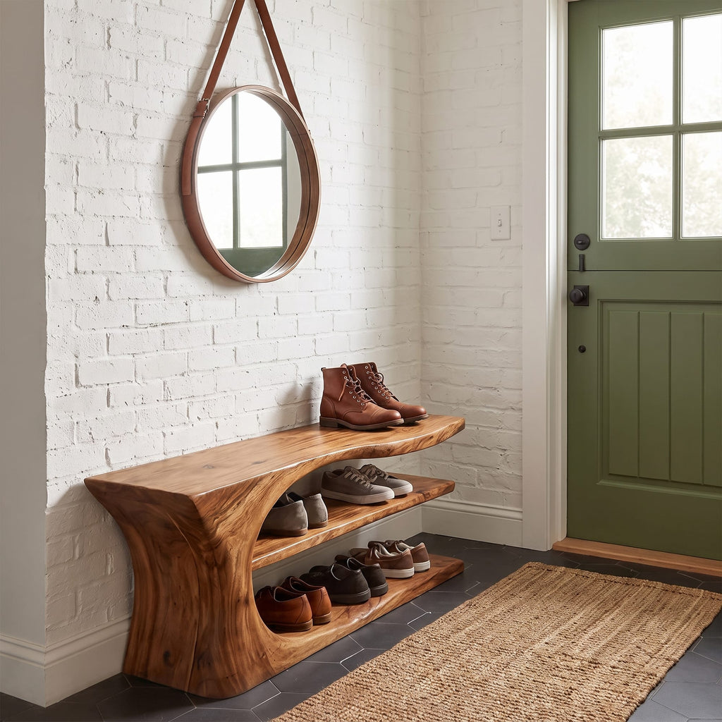 Mid Century Handcrafted Shoe Storage Bench Home, solid wood, built to order