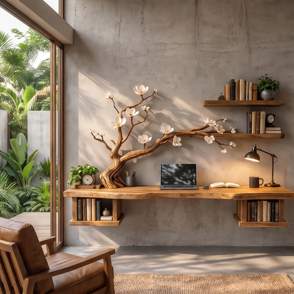 Organic Sculptural Floating Desk with Tree Branch Art, solid wood, built to order, view 3