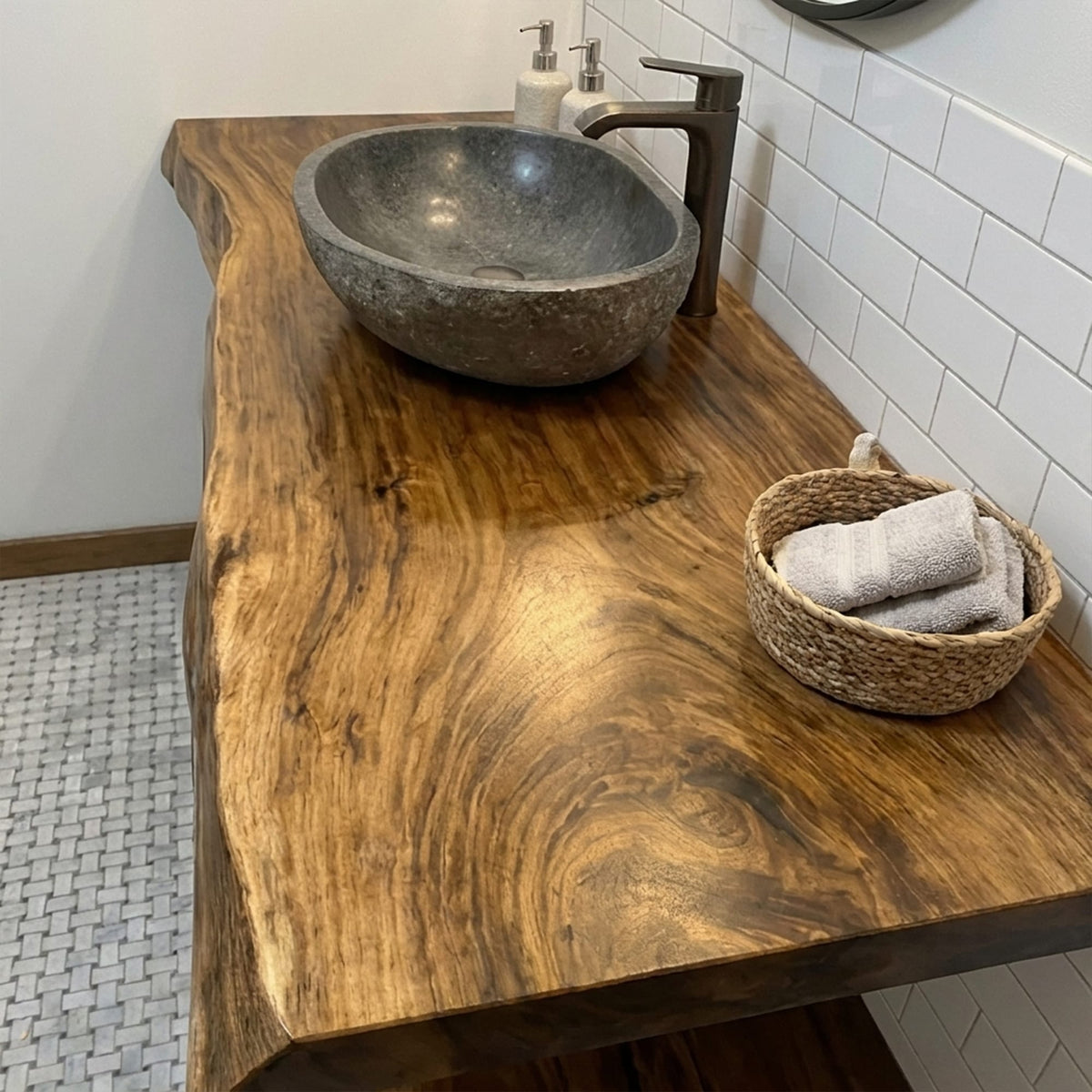 Mid Century Bathroom Vanity Shelf Curved Edge Wood Bathroom Look, solid wood, built to order