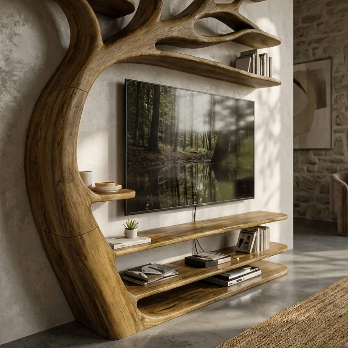 Rustic Tree TV Stand Bedroom Or Living Room Decor, solid wood, built to order