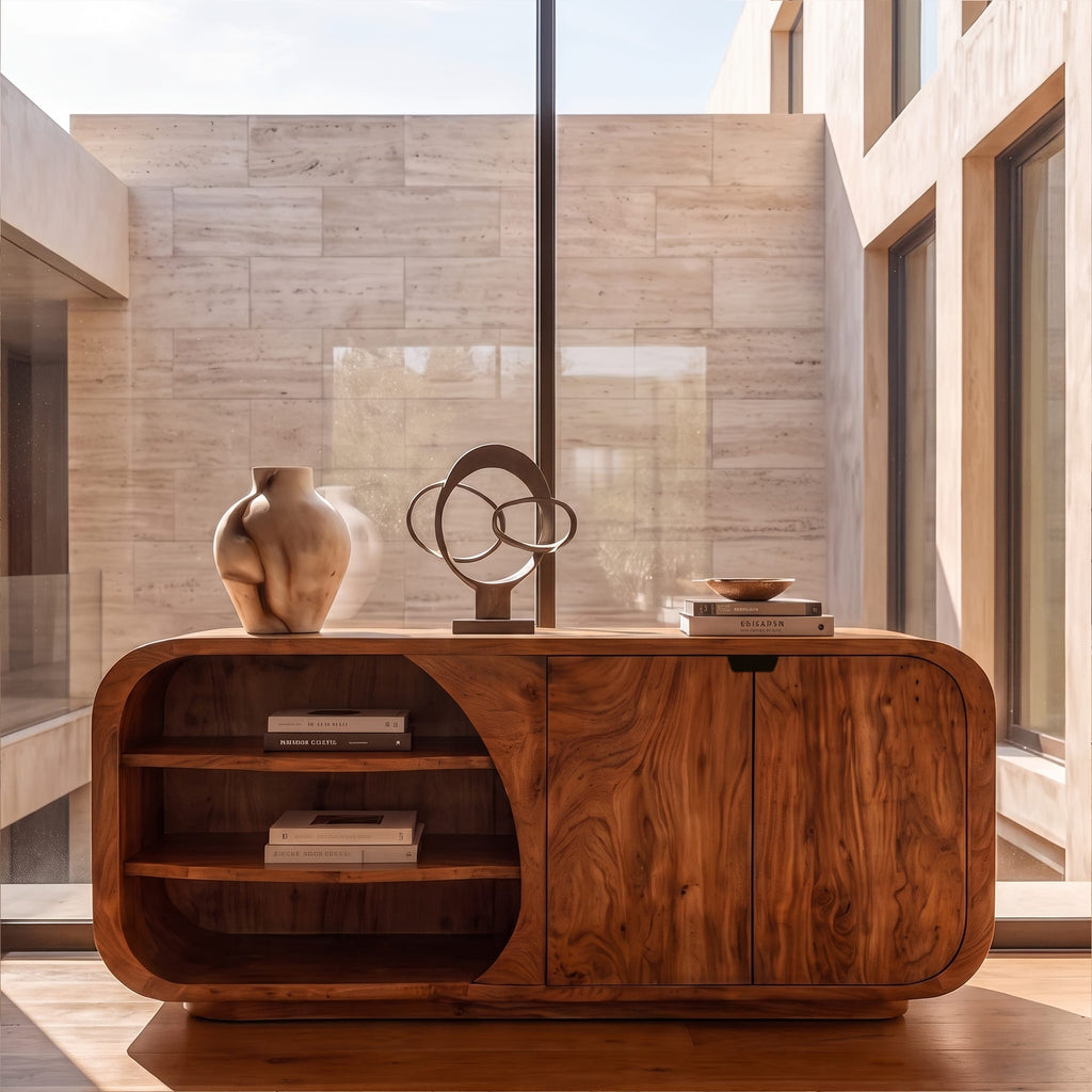 Mid Century Storage Cabinet with Curved Profile and Side Display Compartments, solid wood, built to order