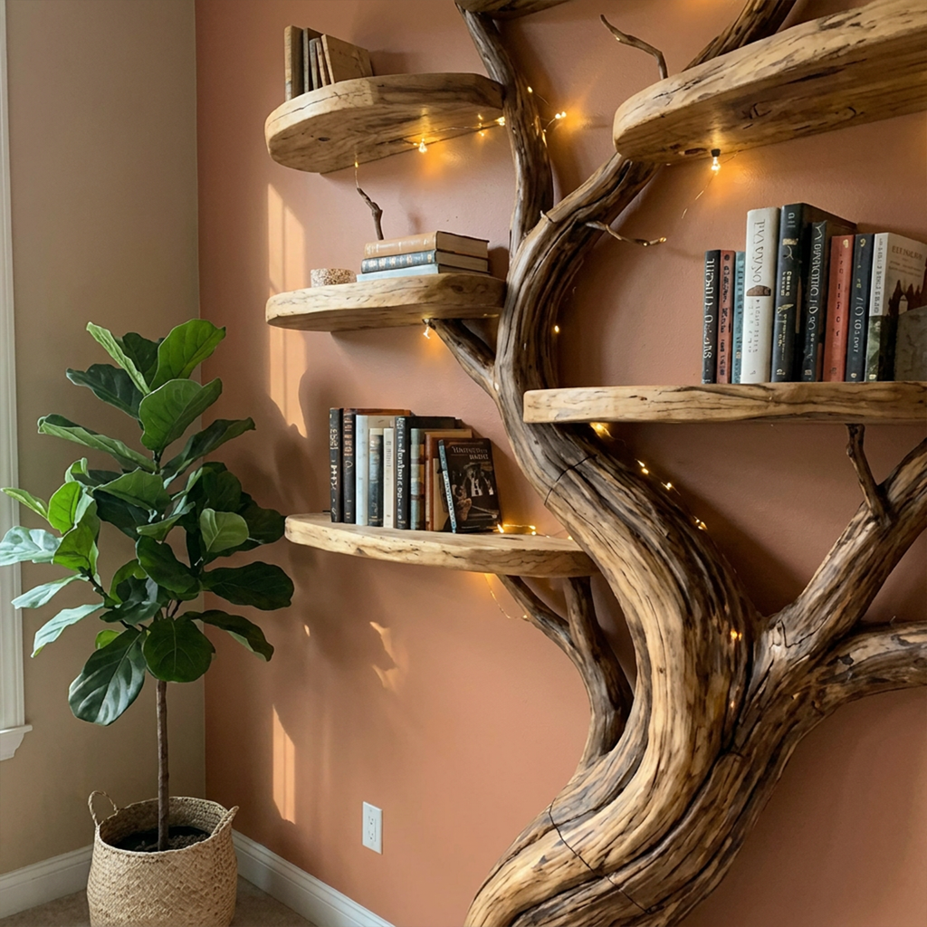Organic Tree Bookshelf Living Room Interior Sculptural Wall Display, solid wood, built to order, view 2