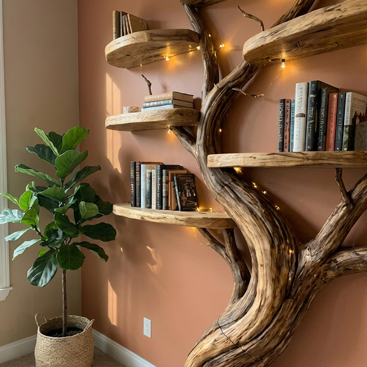 Organic Tree Bookshelf Living Room Interior Sculptural Wall Display, solid wood, built to order, view 2