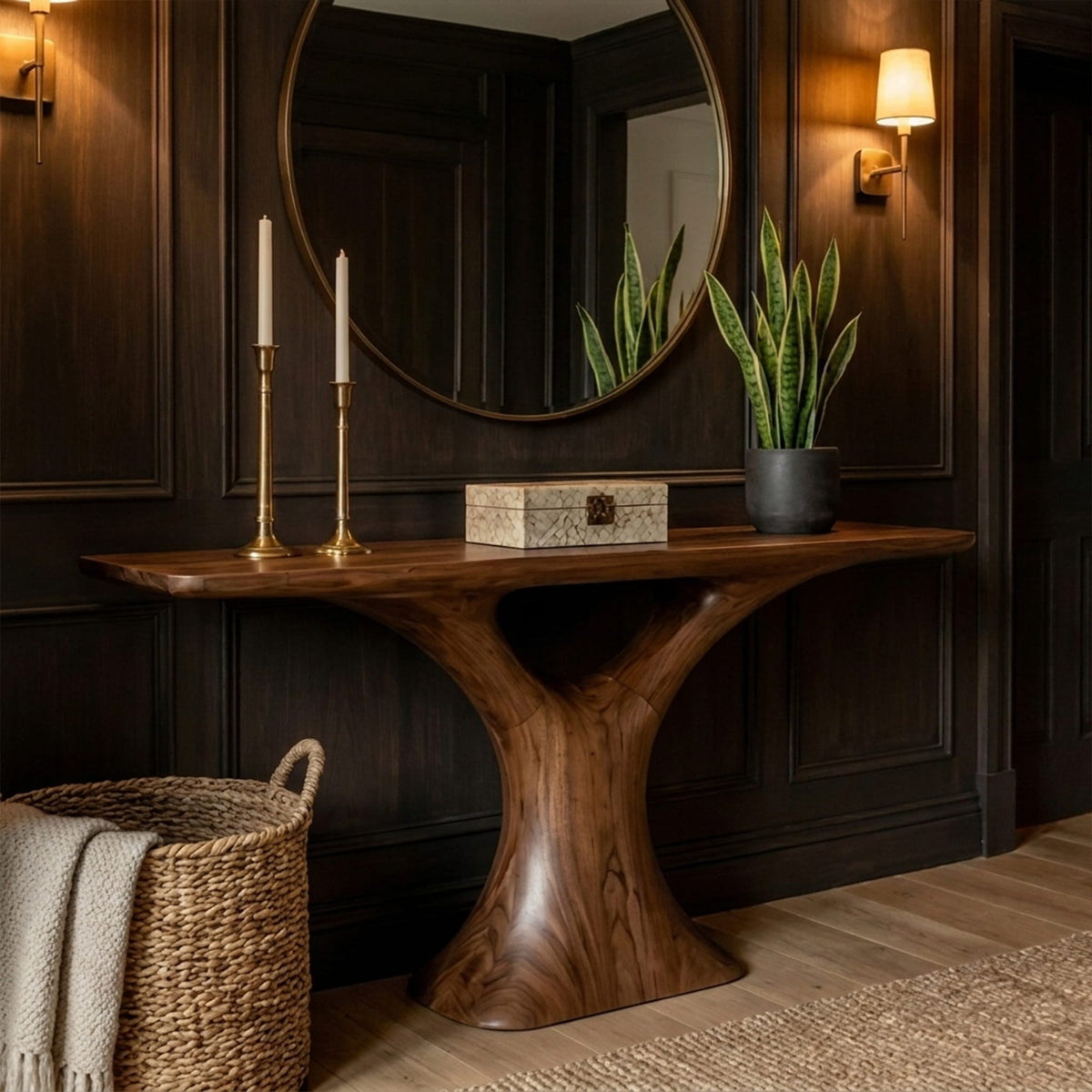 Mid Century Entry Table Smooth Sculptural Form Welcome Area, solid wood, built to order