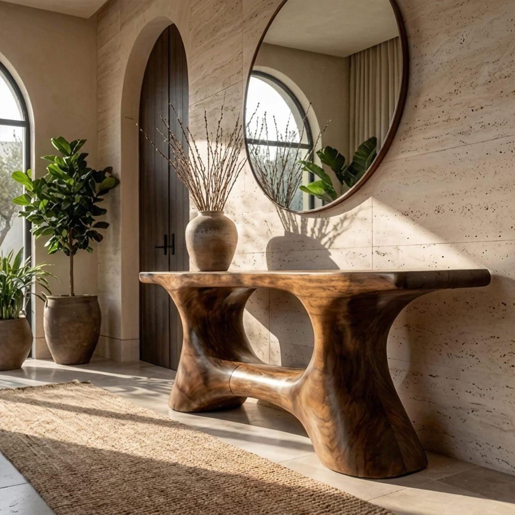 Contemporary Organic Void Base Console Table Entryway Hallway Living Room, solid wood, built to order