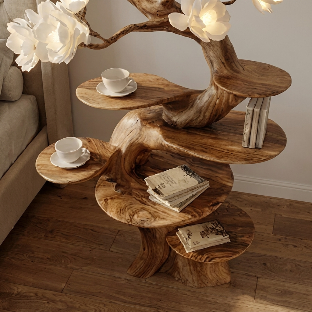 Organic Modern Sculptural Floor Display Shelf, solid wood, built to order, view 2