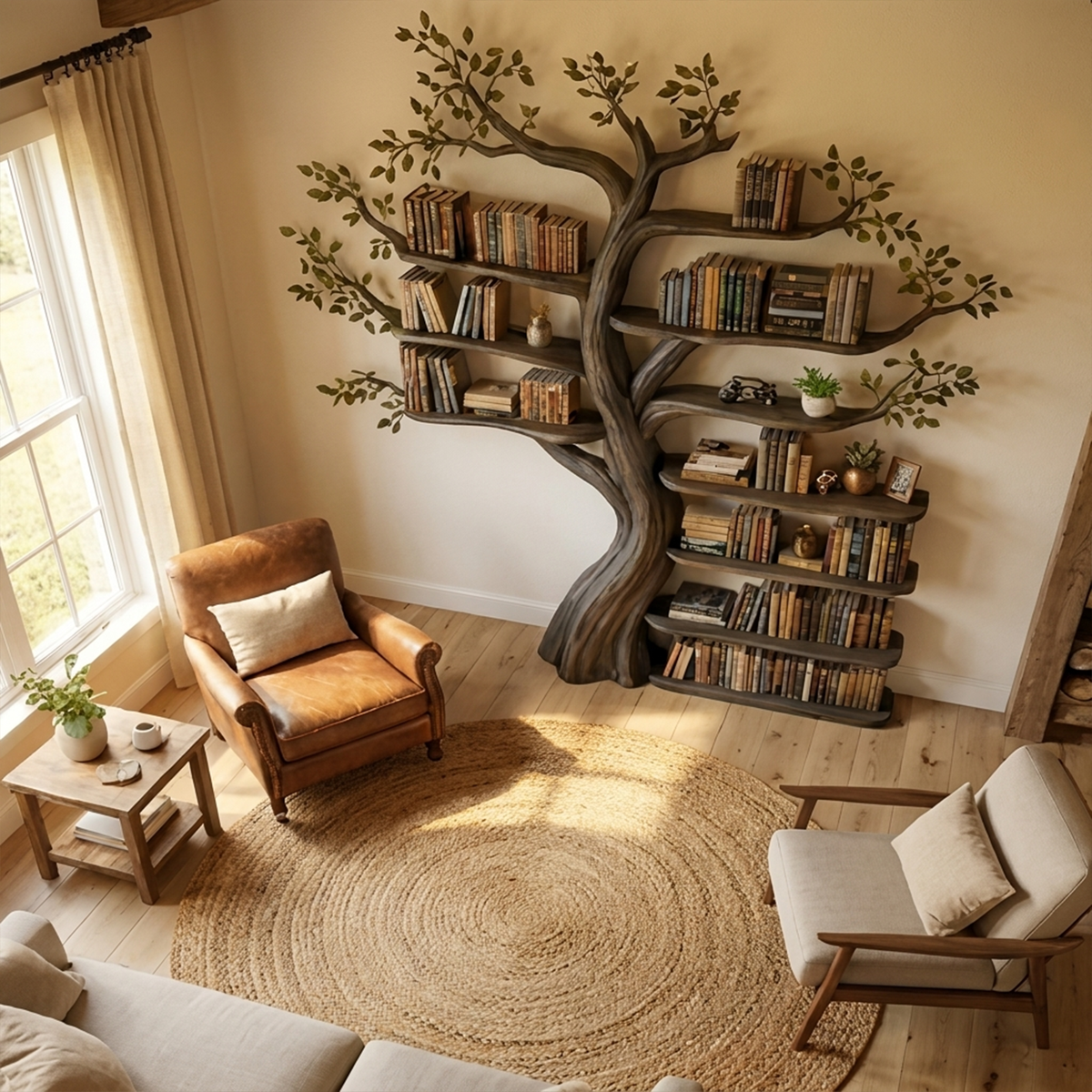 Organic Tree Bookshelf Living Room Interior Sculptural Wall Display, solid wood, built to order, view 3
