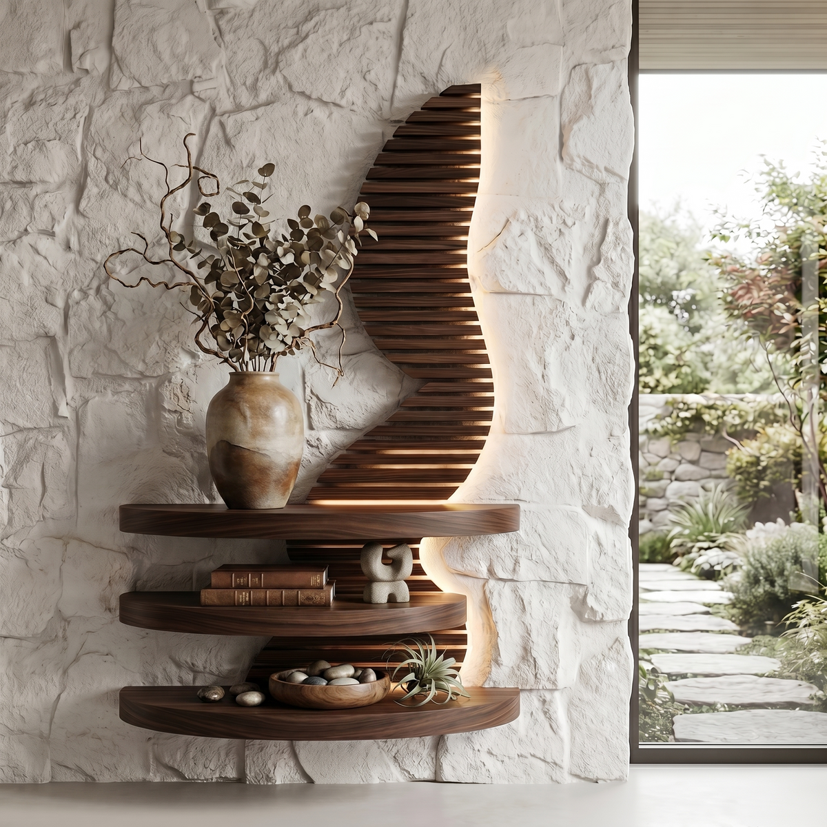 Organic Floating Shelf with Sculptural Wave Wall Panel Design, solid wood, built to order, view 3