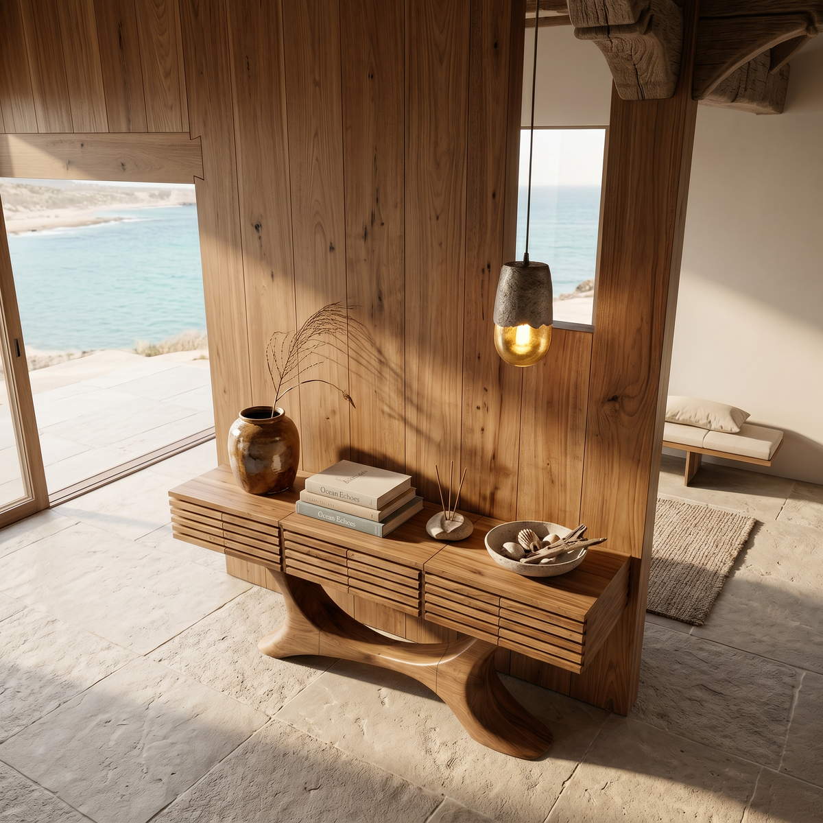Contemporary Console Table with Curved Tree Trunk Base and Built in Storage Drawers, solid wood, built to order, view 2