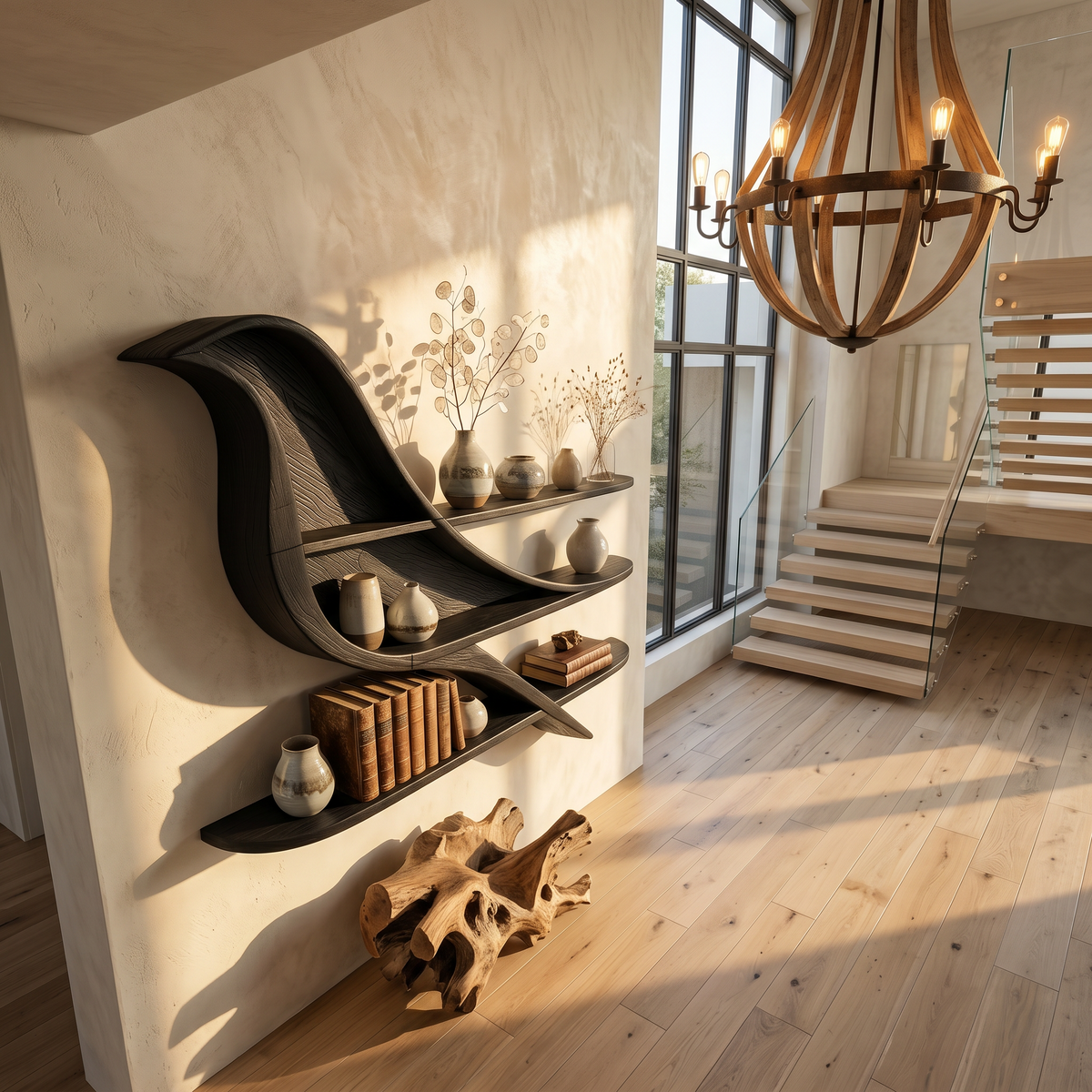 Organic Wave Bookshelf with Sculptural Wall Mounted Shelves, solid wood, built to order, view 2