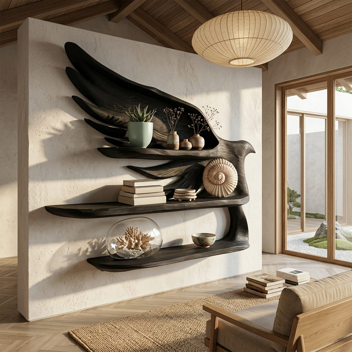Handcrafted Wave Bookshelf with Curved Structure, solid wood, built to order