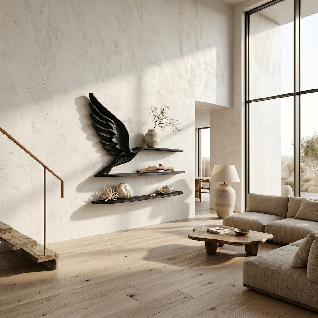 Handcrafted Eagle Wing Floating Shelf with Display Shelves, solid wood, built to order