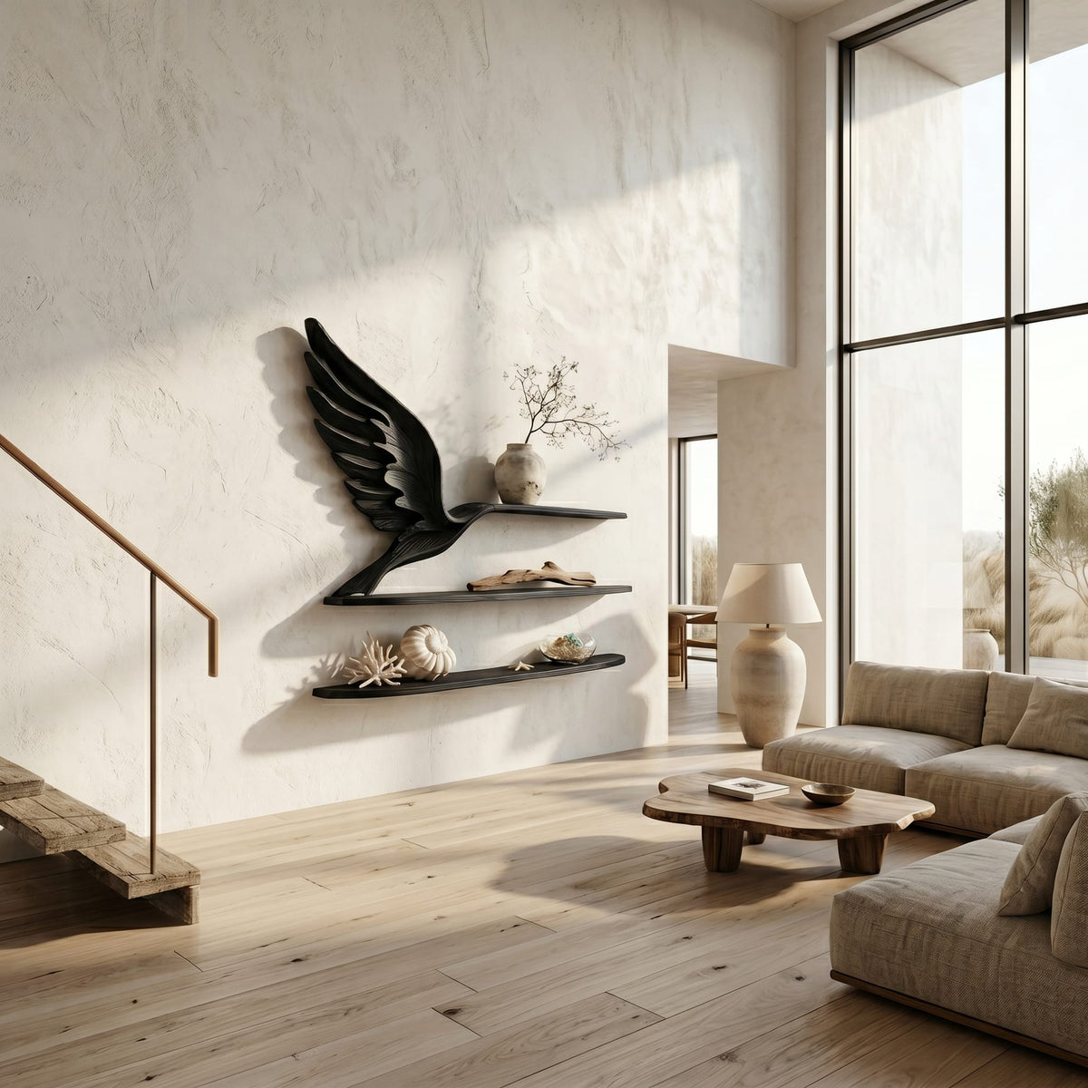 Handcrafted Eagle Wing Floating Shelf with Display Shelves, solid wood, built to order