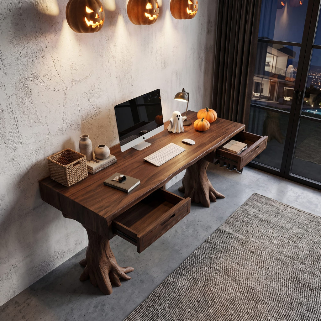 Contemporary Storage Desk with Display Shelves, solid wood, built to order