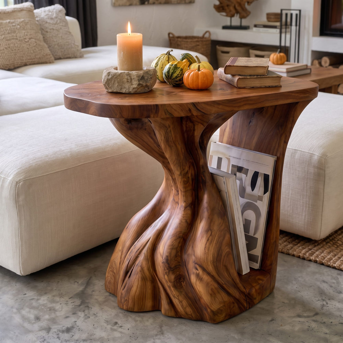 Contemporary Beside Table Inspired with Sculptural Base, solid wood, built to order