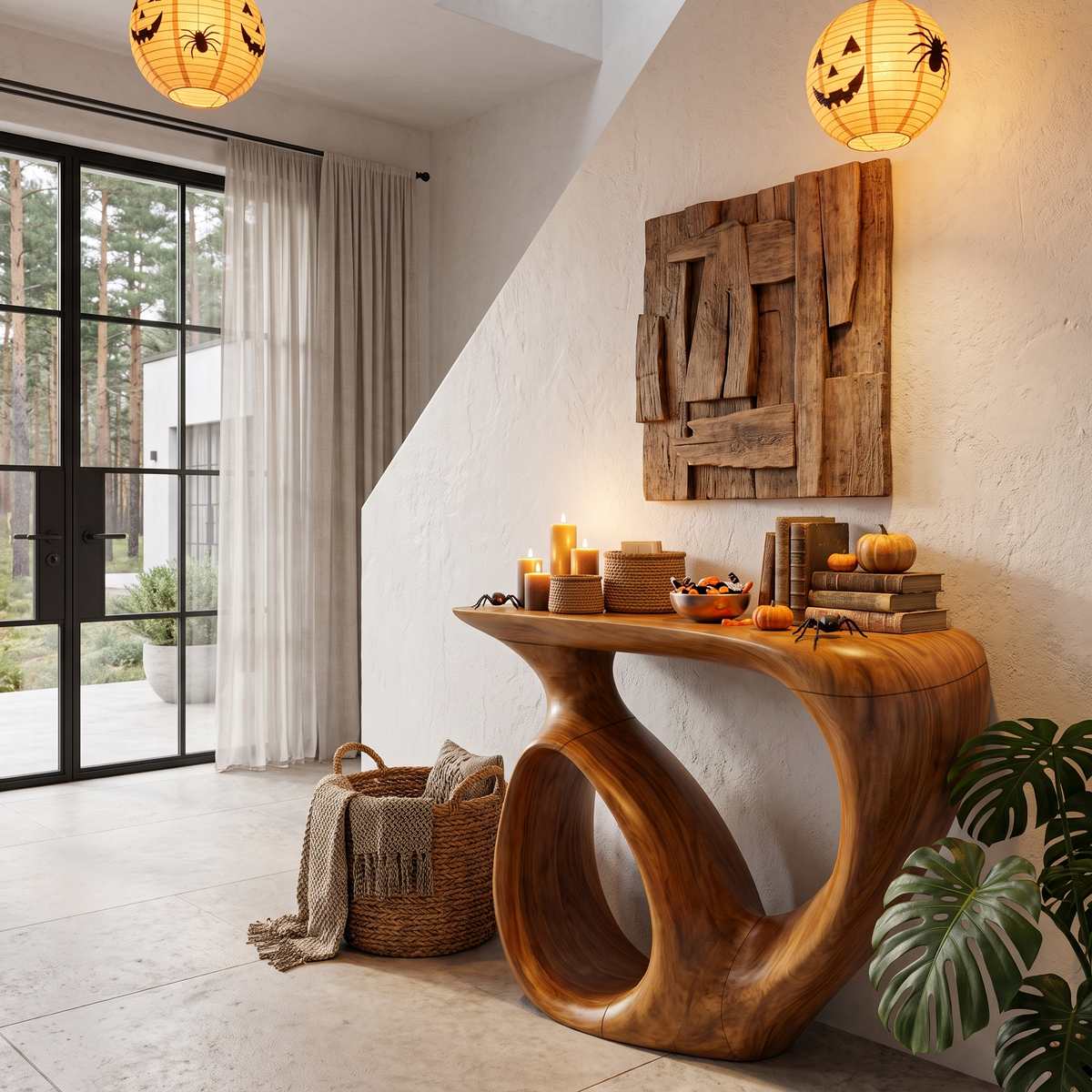 Organic Sofa Table with Carved Inspired Frame for Foyer, solid wood, built to order, view 2