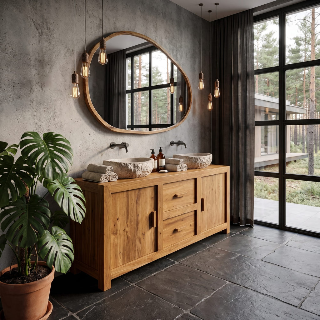 Contemporary Double Bathroom Vanity with Cabinet and Drawer Storage, solid wood, built to order