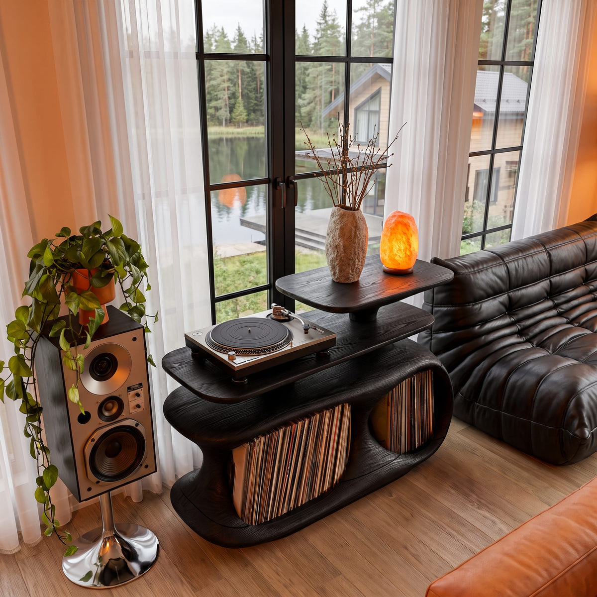 Mid Century Record Cabinet with Bold Circular Openings, solid wood, built to order