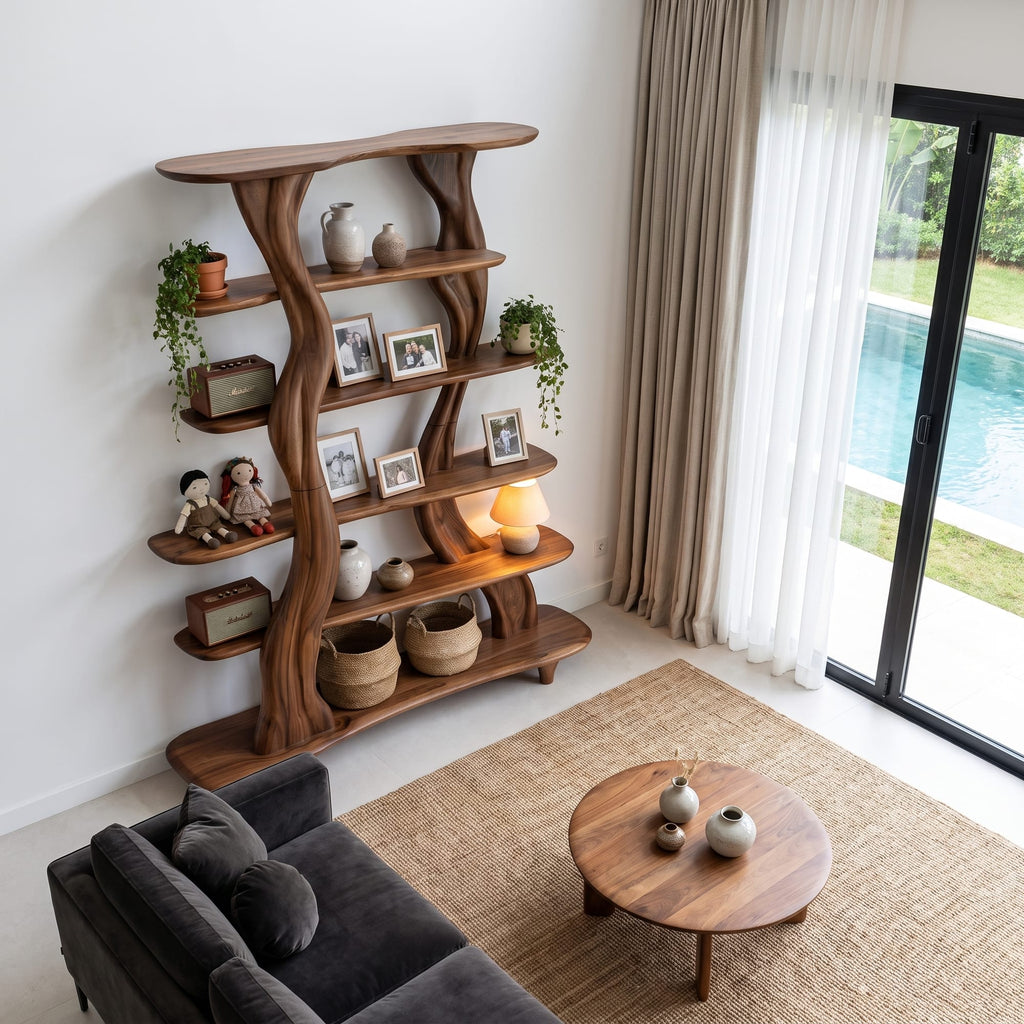 Mid Century Sculptural Bookshelf with Branch Inspired Frame, solid wood, built to order