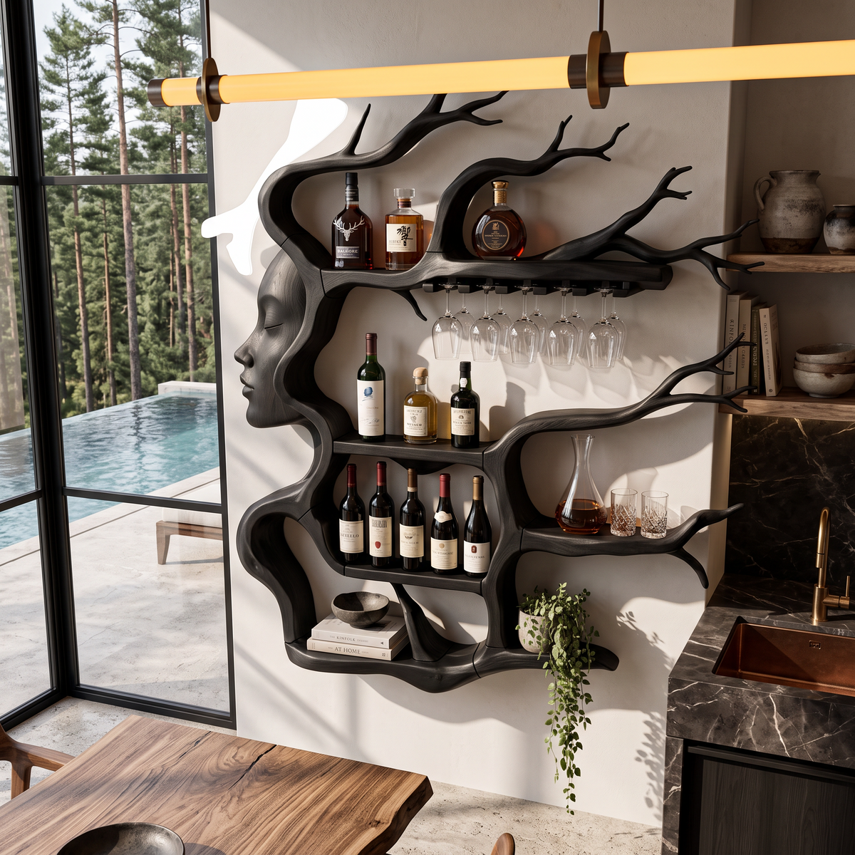 Contemporary Wall Mounted Wine Rack with Sculptural Face Tree Design, solid wood, built to order, view 8