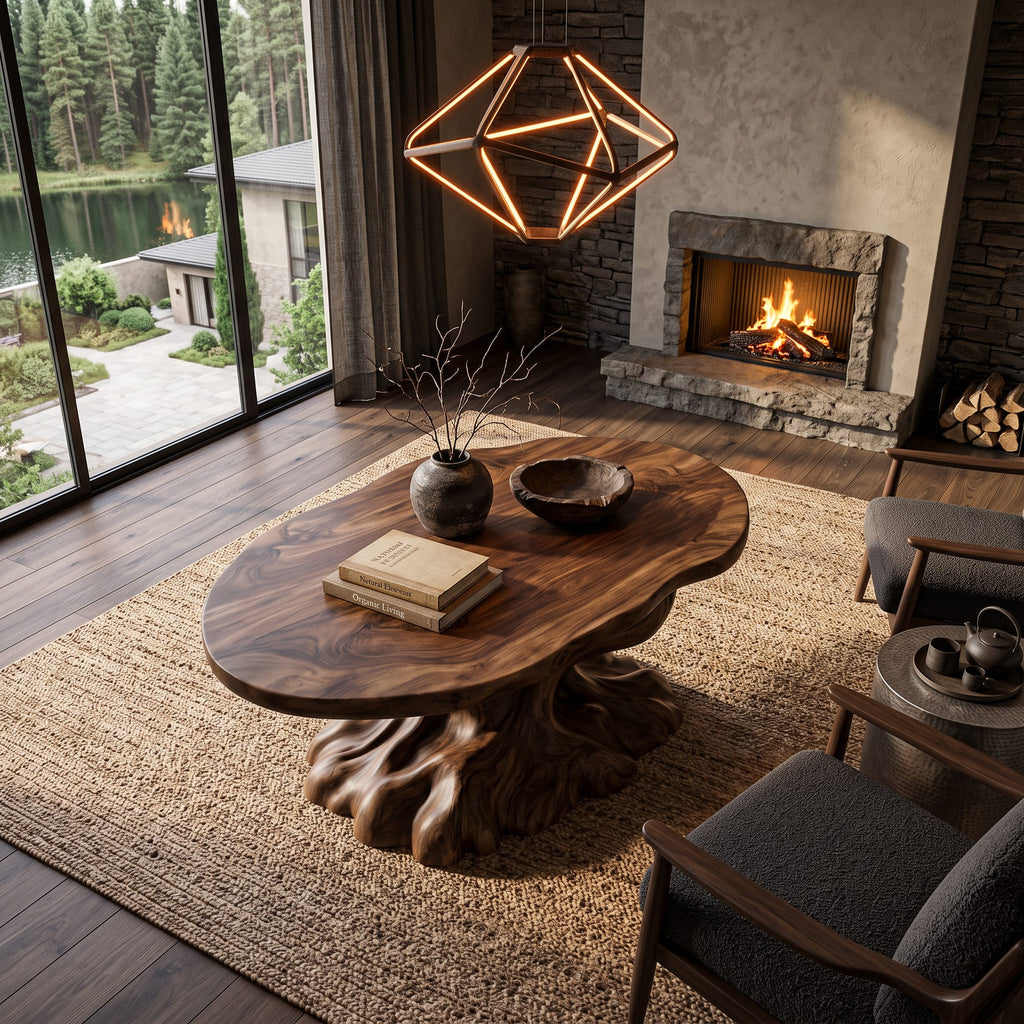 Rustic Coffee Table with Tree Root Inspired Base, solid wood, built to order