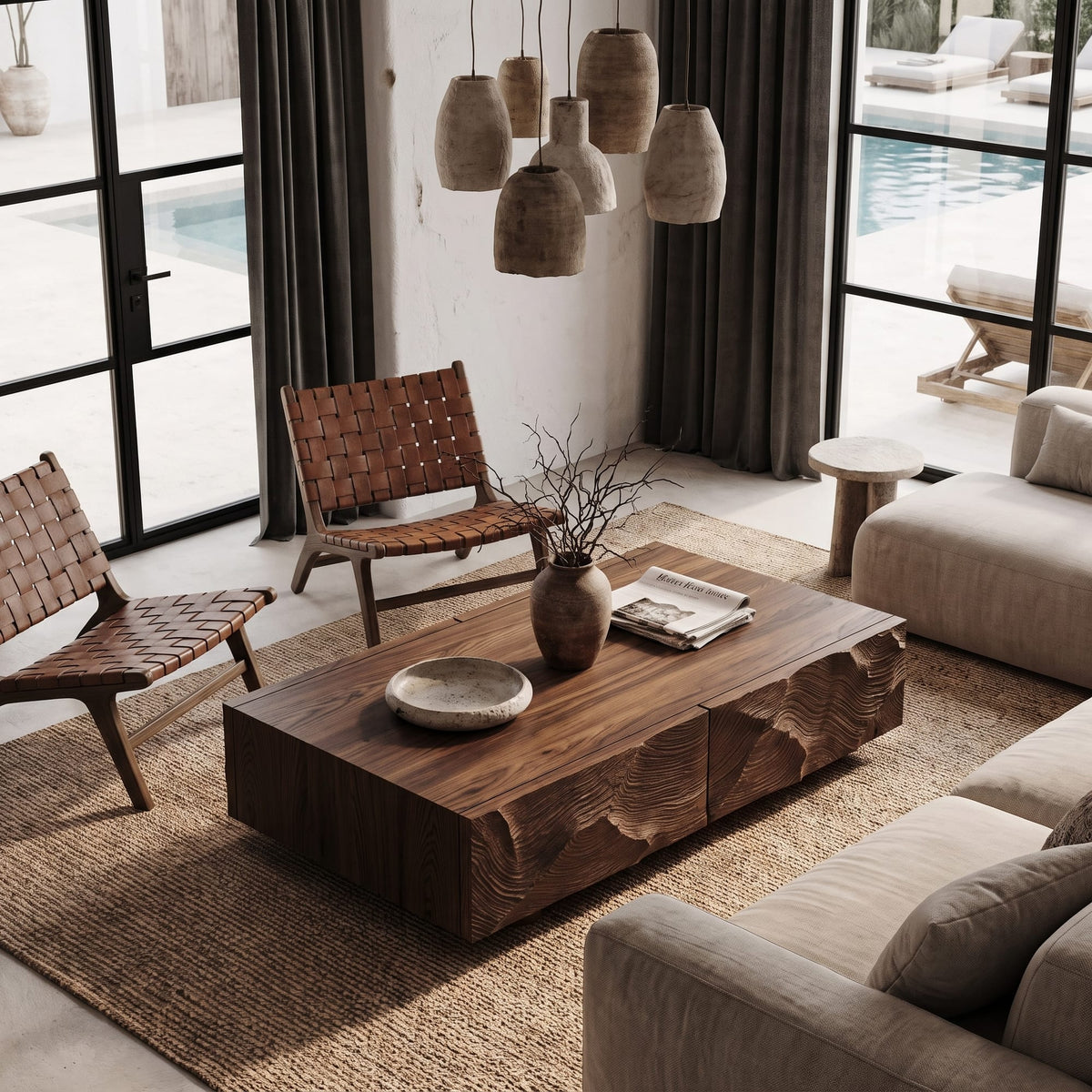 Contemporary Coffee Table with Sculptural Carved Drawer Front, solid wood, built to order