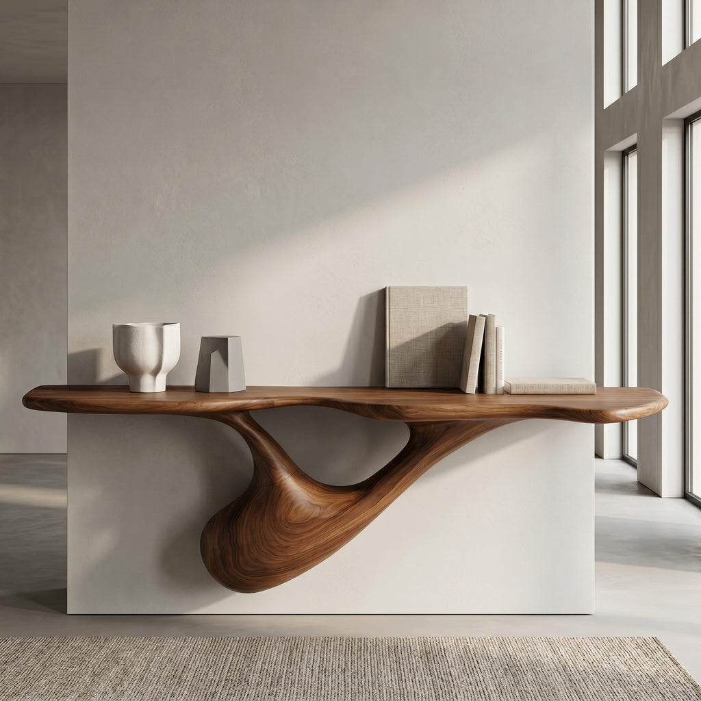 Organic Wall Mounted Console Table with Sculptural Tree Root Design, solid wood, built to order