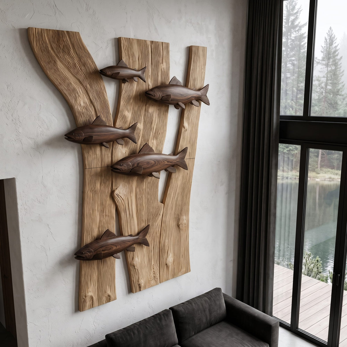 Contemporary Fish Wall Decor with Sculptural River Scene, solid wood, built to order