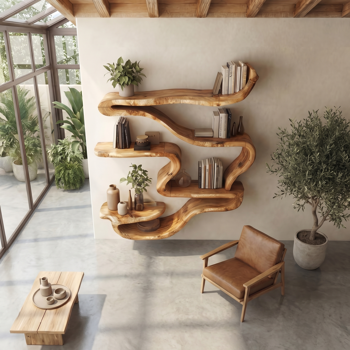 Organic Wall Mounted Bookshelf, solid wood, built to order, view 2