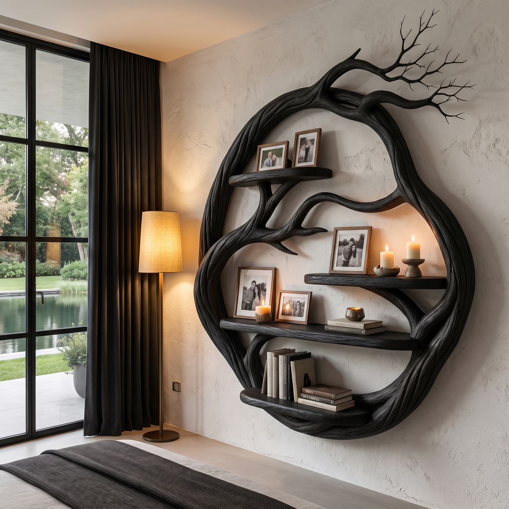 Organic Floating Shelf with Circular Tree Branch Design, solid wood, built to order, view 2
