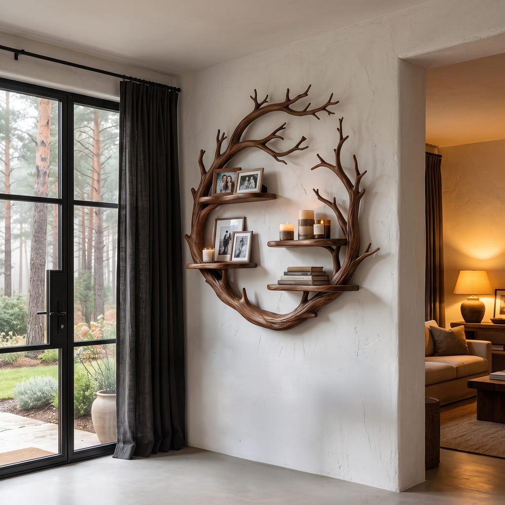 Contemporary Floating Shelf with Tree Branch Display Design, solid wood, built to order