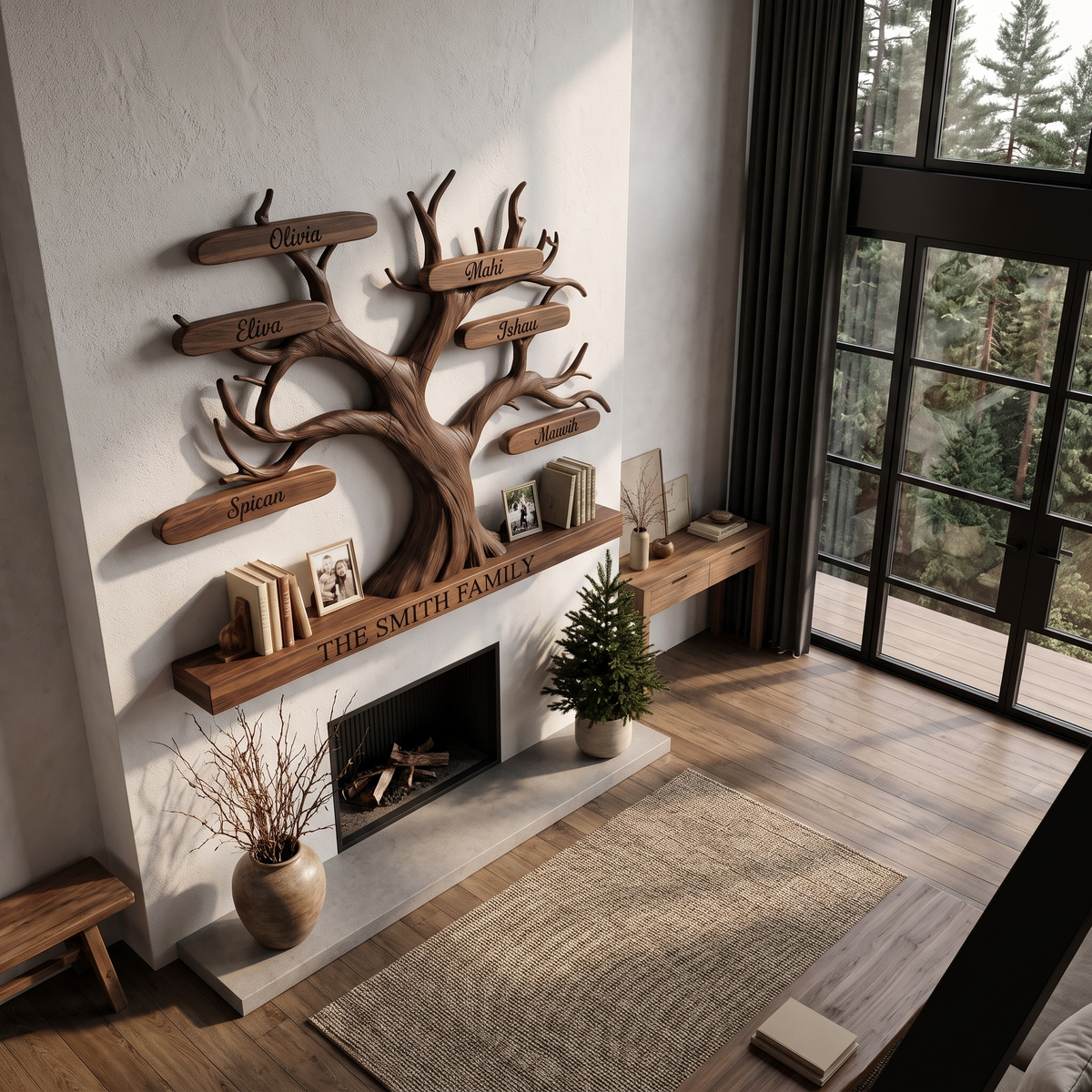 Organic Personalized Tree Wall Bookshelf with Custom Family Name, solid wood, built to order, view 2