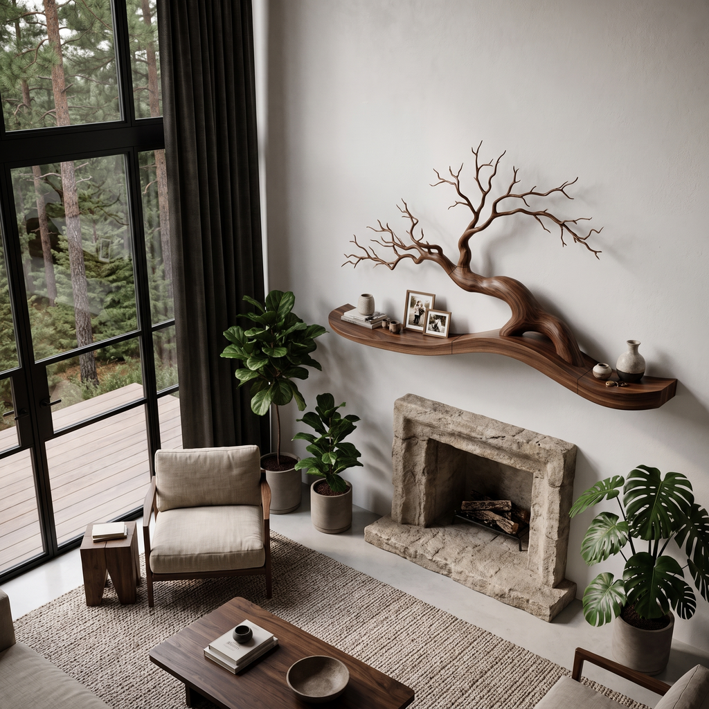 Organic Wall Mounted Shelf with Sculptural Tree Branch Design, solid wood, built to order, view 3
