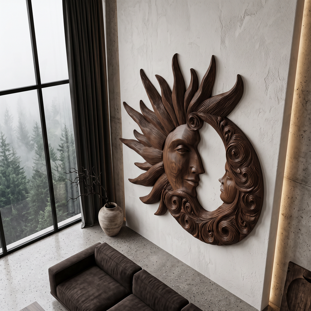 Organic Wood Wall Art with Carved Sun and Moon Design, solid wood, built to order, view 2