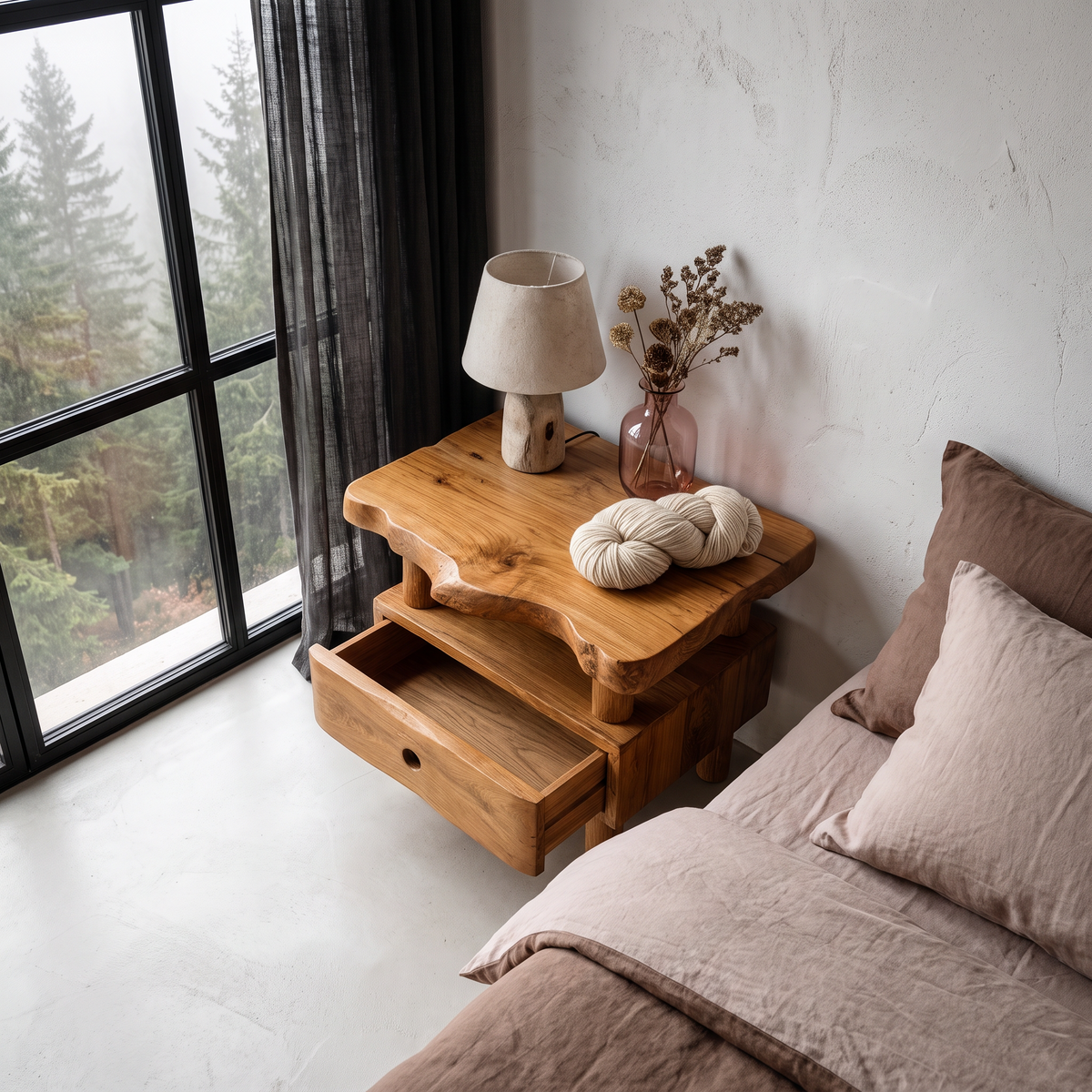 Organic Solid Bedside Table with Open Shelf and Drawer, solid wood, built to order, view 2