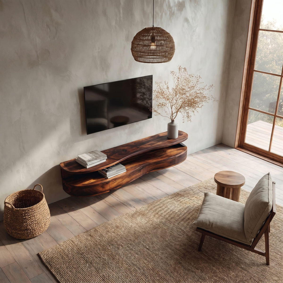 Contemporary Floating TV Stand with Built-in Drawer Storage, solid wood, built to order