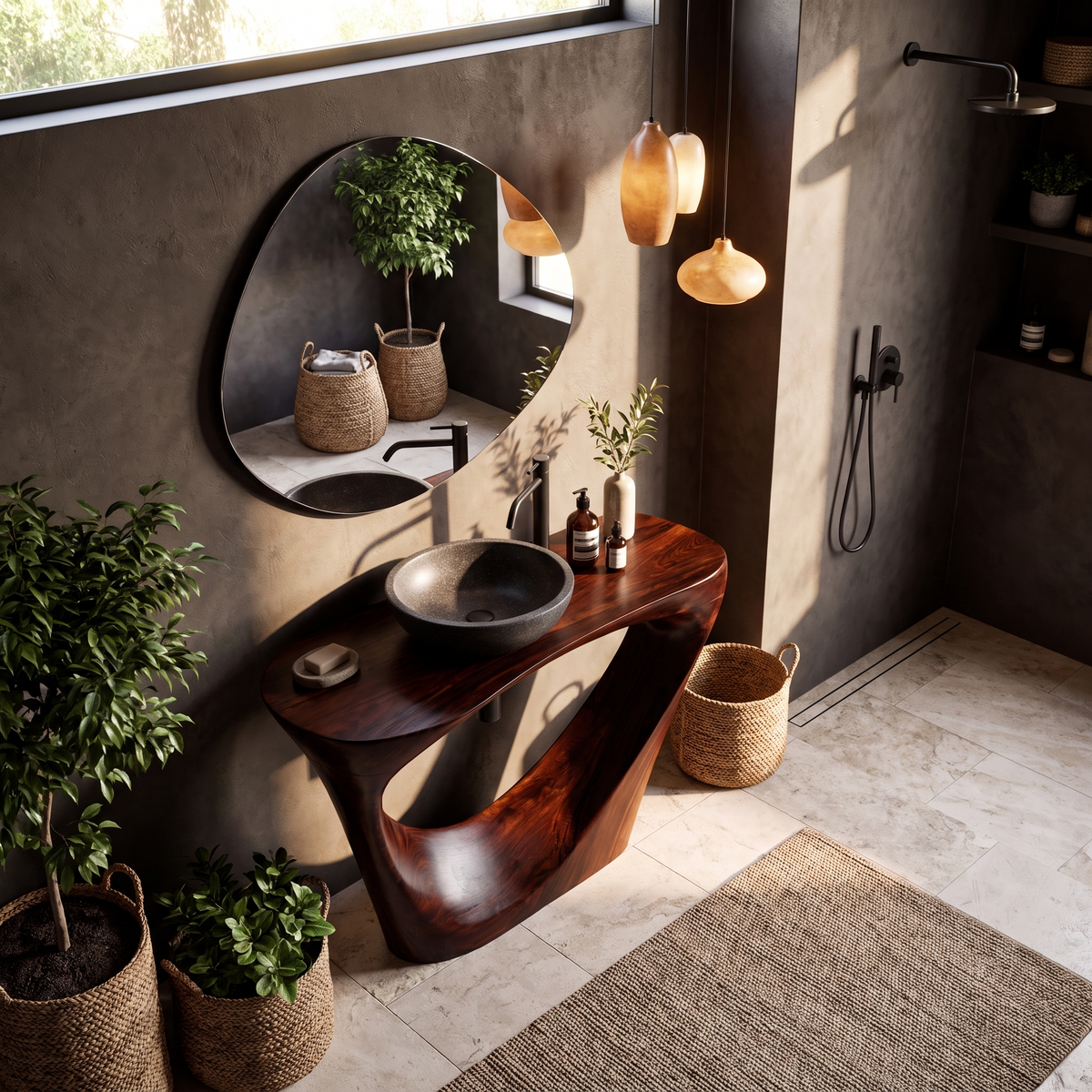 Live Edge Floating Bathroom Vanity with Sculptural Tree Support, solid wood, built to order, view 2