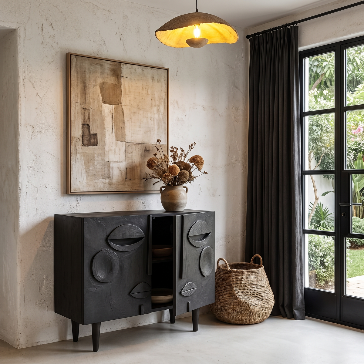 Modern Accent Cabinet with Abstract Face Design, solid wood, built to order, view 3